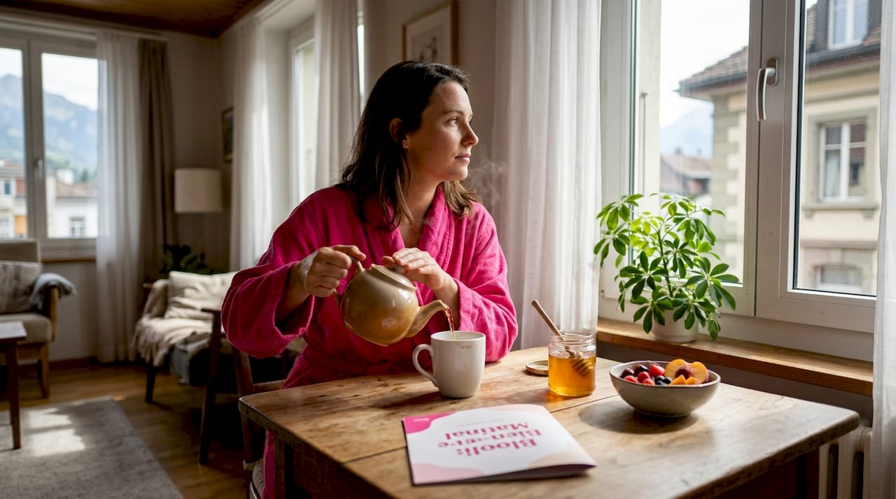 Une femme savoure son petit-déjeuner, une tasse de tisane à la main et un pot de miel sur la table.