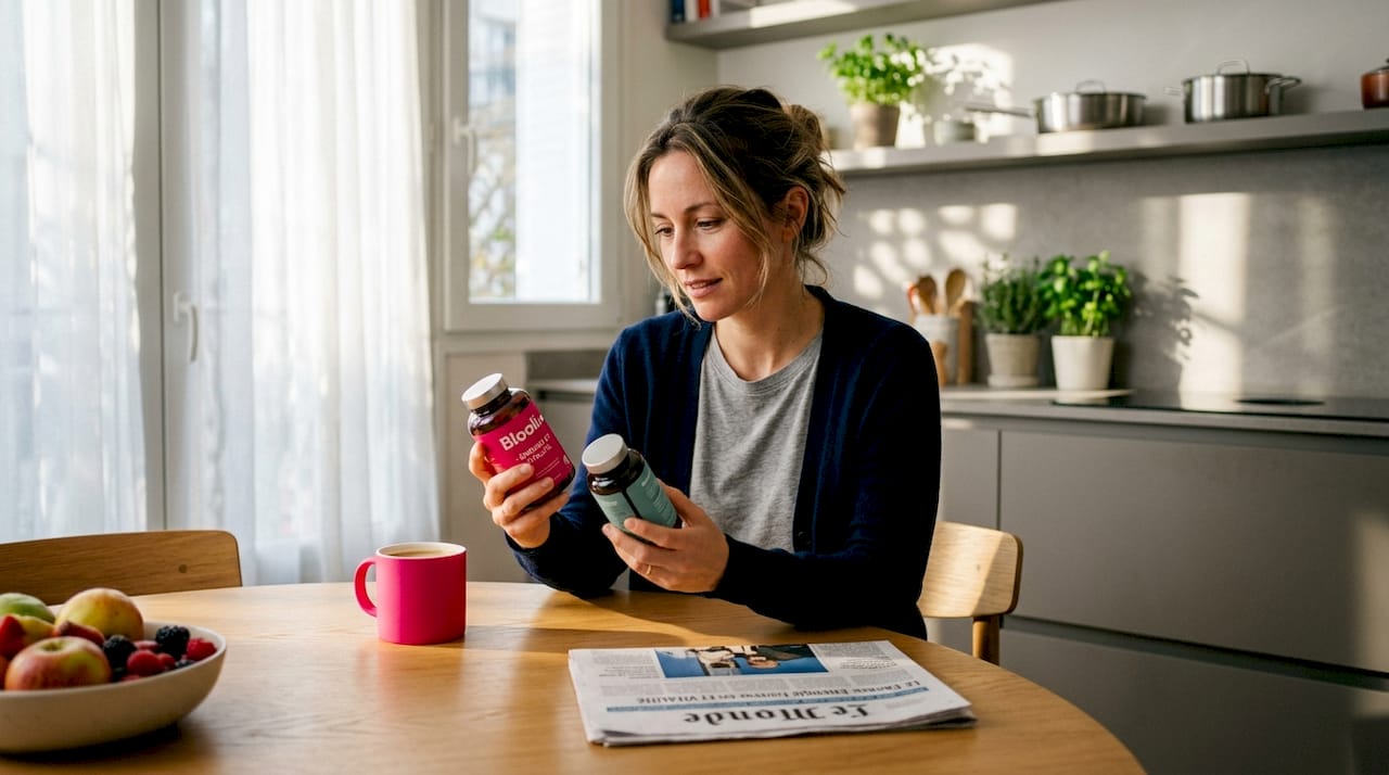 Une femme prend le temps d’observer des compléments alimentaires posés sur la table de sa cuisine, baignée de lumière.