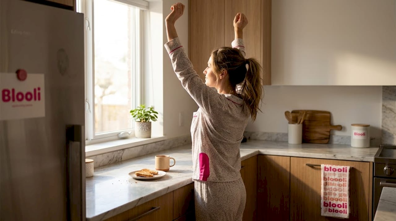 Une femme s'étire doucement dans sa cuisine baignée de soleil, profitant des premiers rayons du matin.