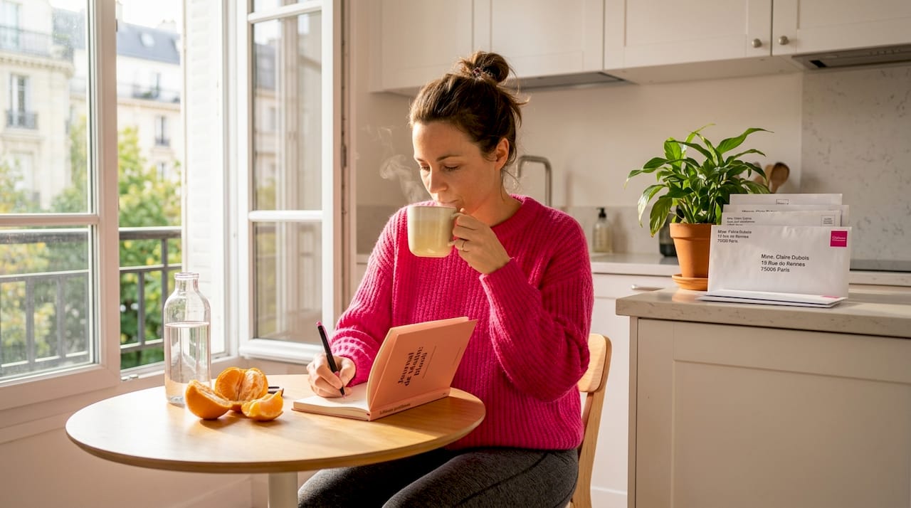 Une femme prend le temps d’écrire dans son carnet, installée à la table de la cuisine, baignée par la lumière du soleil.